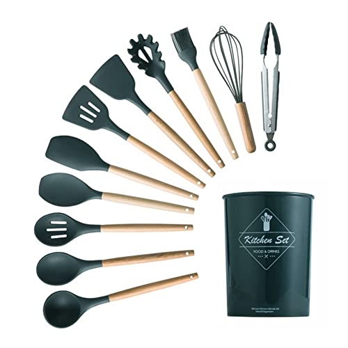 Heat-Resistant Silicone Kitchen Utensil Set with Wooden Handles