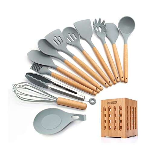 Heat-Resistant Silicone Kitchen Utensil Set with Wooden Handles
