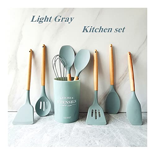 Heat-Resistant Silicone Kitchen Utensil Set with Wooden Handles
