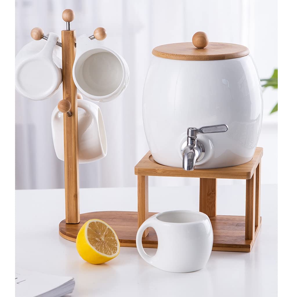 2.5L Ceramic Beverage Dispenser with Tap & Wooden Cup Holder Set