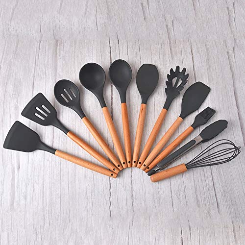 Silicone Cooking Utensil Set with Wooden Handles