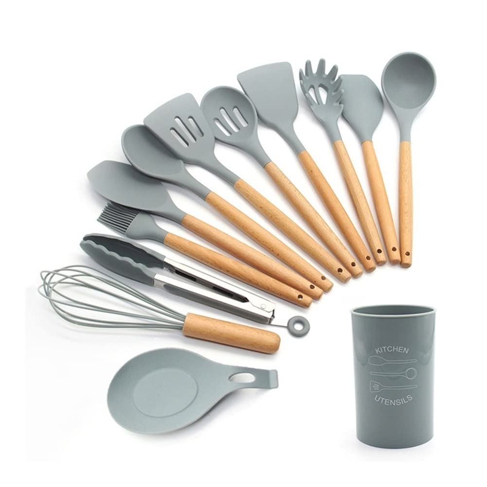 13-Piece Heat-Resistant Silicone Kitchen Utensil Set with Wooden Handles