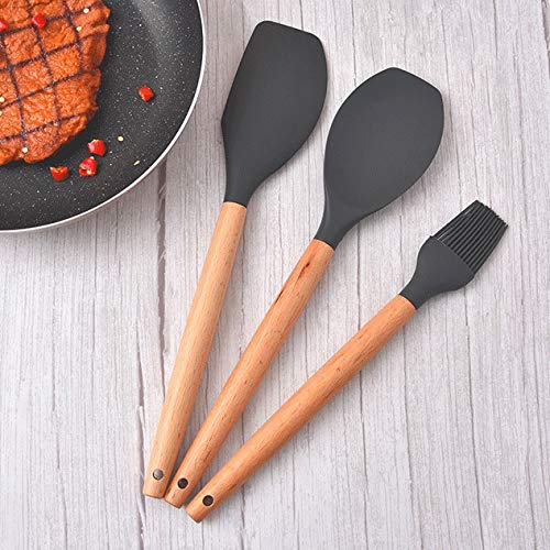Silicone Cooking Utensil Set with Wooden Handles