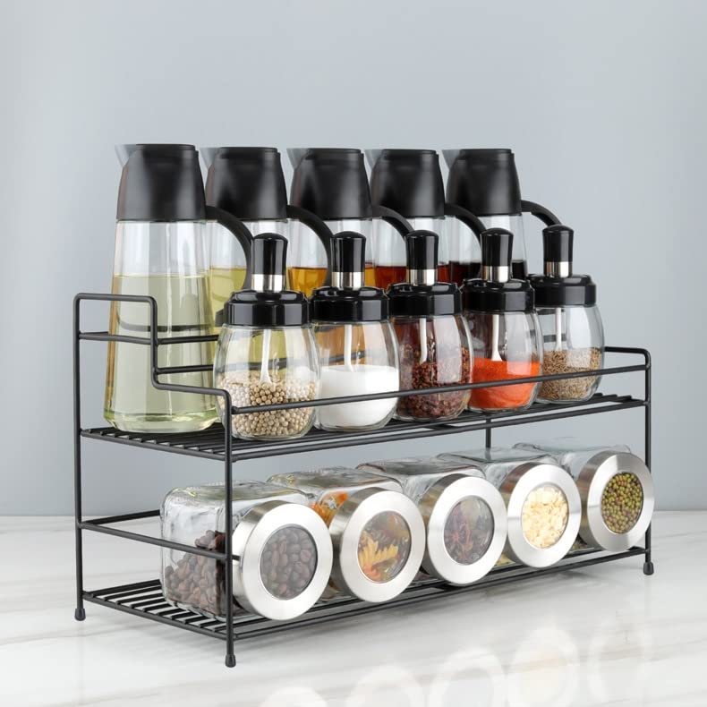 Glass Seasoning Jar Set with Spice Rack for Salt, Sugar & Pepper