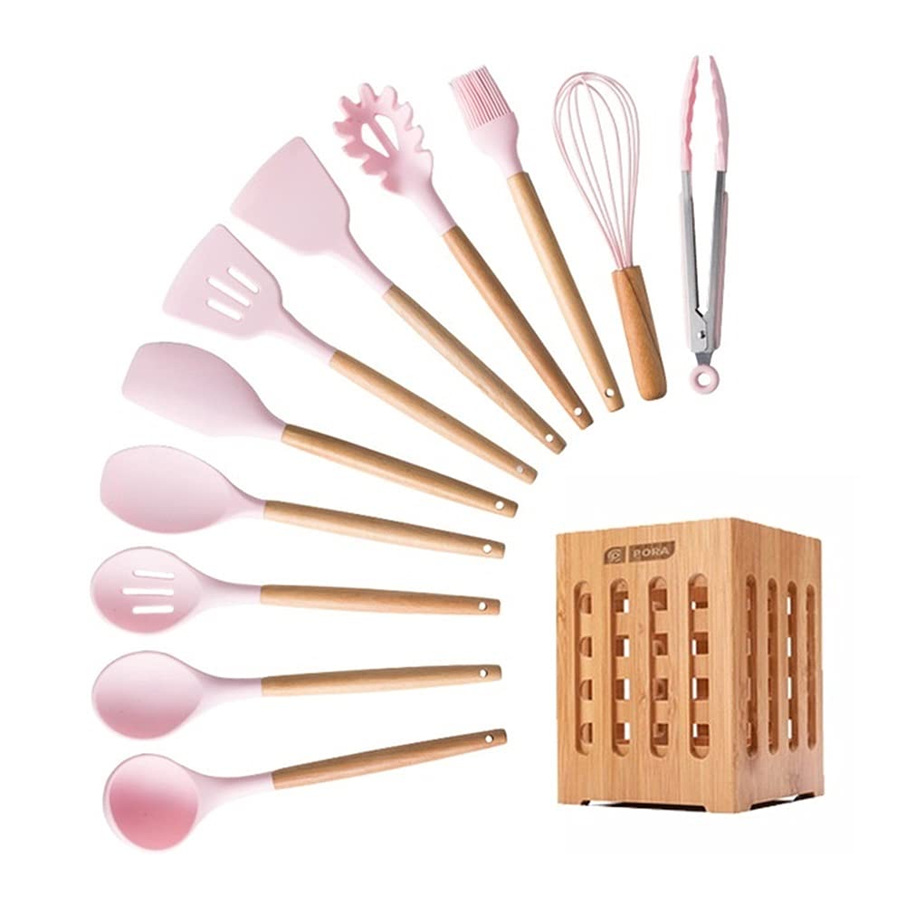 Heat-Resistant Silicone Kitchen Utensil Set with Wooden Handles