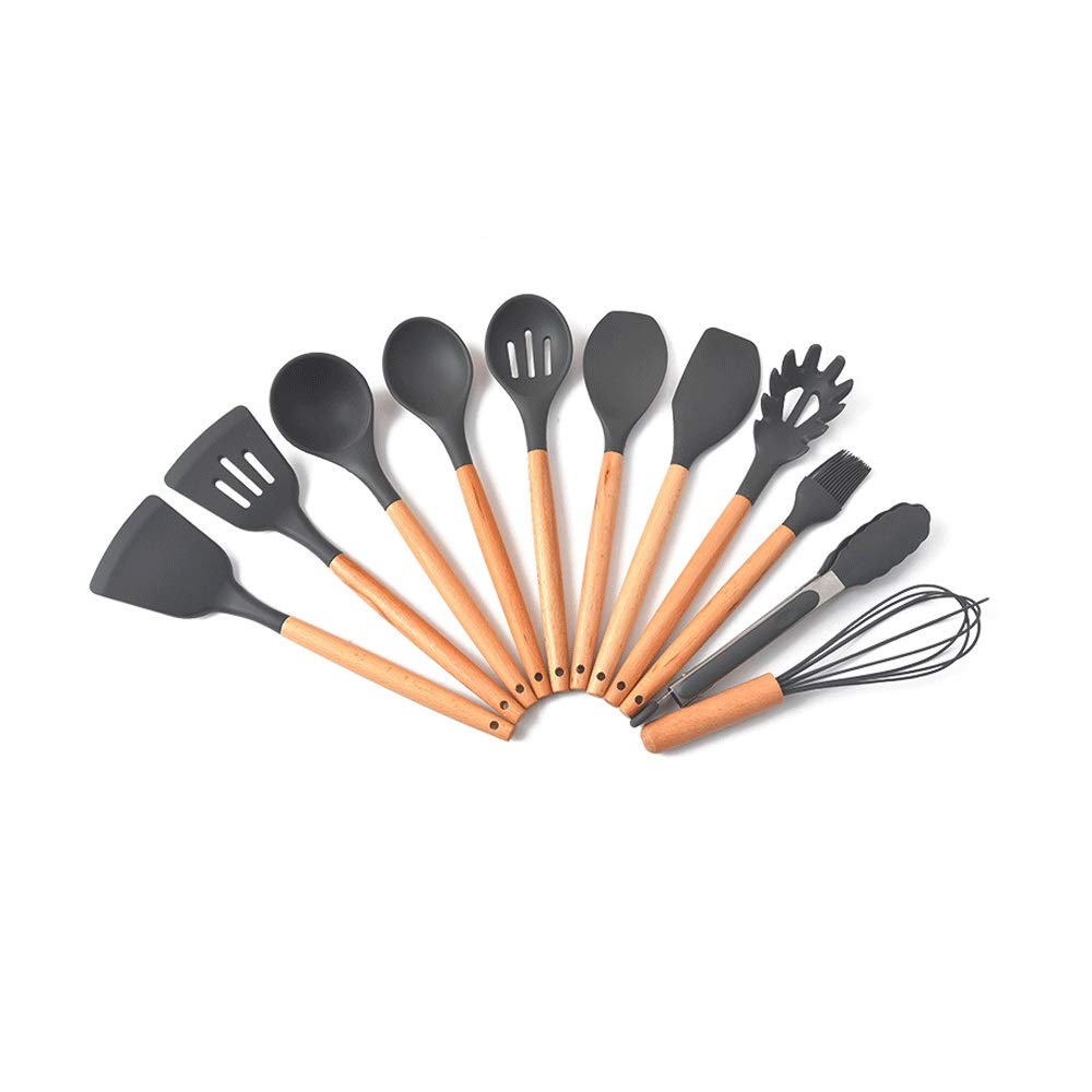 Silicone Cooking Utensil Set with Wooden Handles