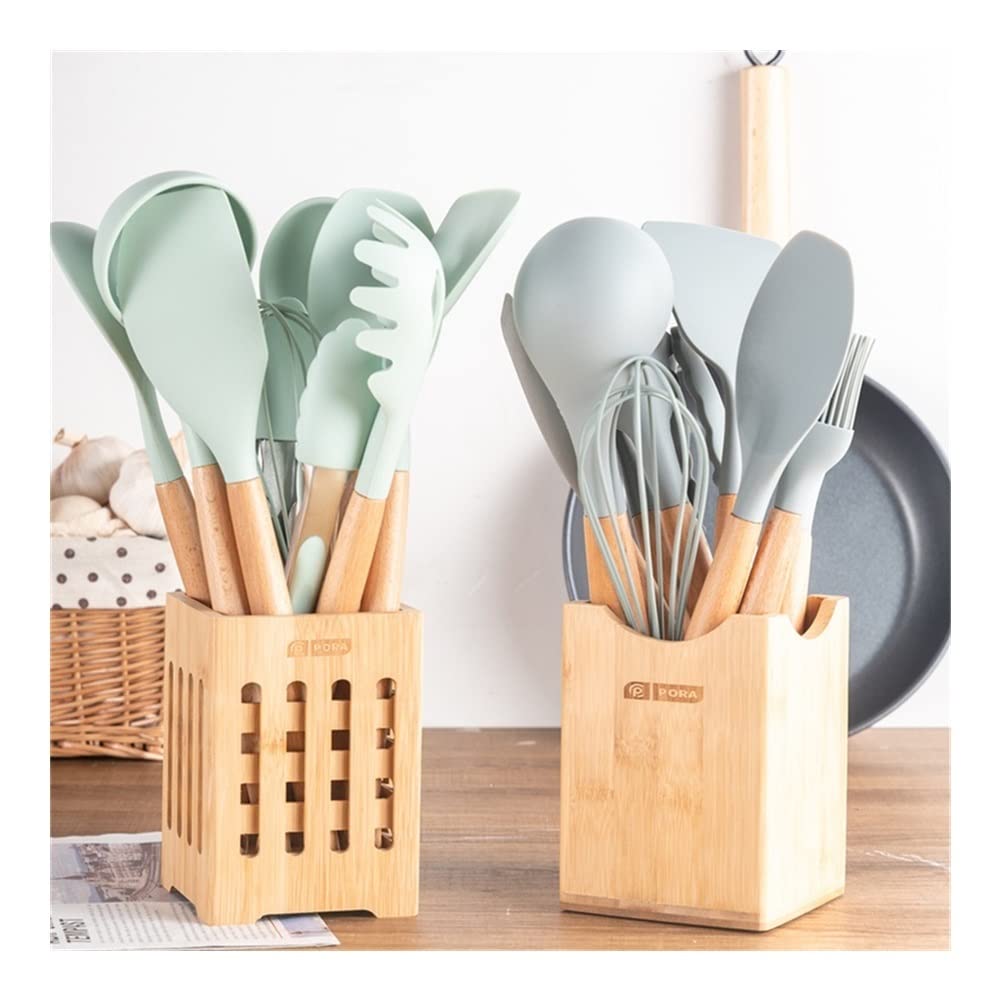 Heat-Resistant Silicone Kitchen Utensil Set with Wooden Handles