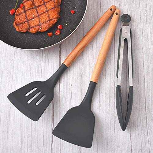 Silicone Cooking Utensil Set with Wooden Handles
