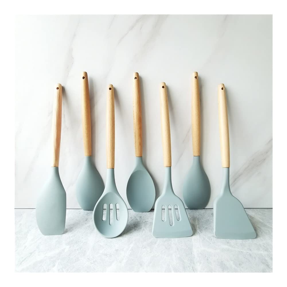 Heat-Resistant Silicone Kitchen Utensil Set with Wooden Handles