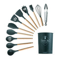 Heat-Resistant Silicone Kitchen Utensil Set with Wooden Handles
