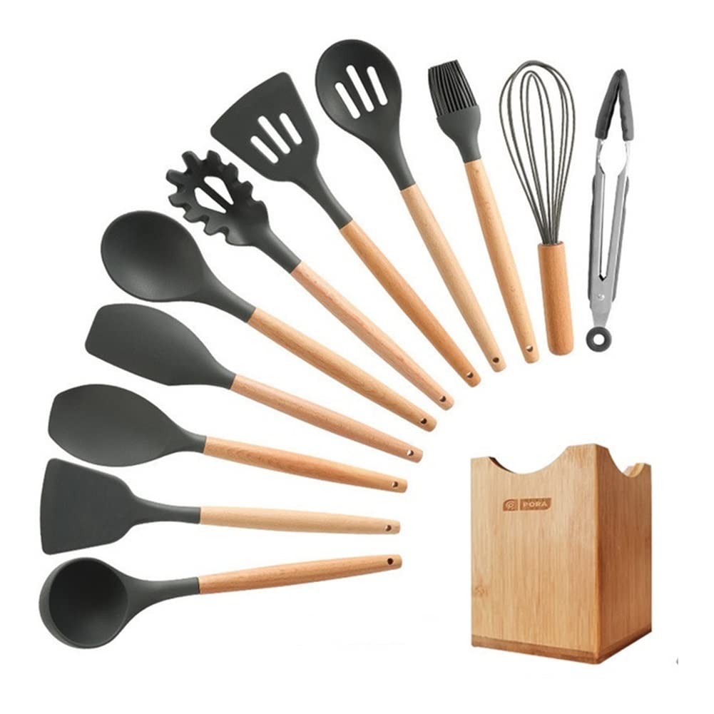 13-Piece Heat-Resistant Silicone Kitchen Utensil Set with Wooden Handles
