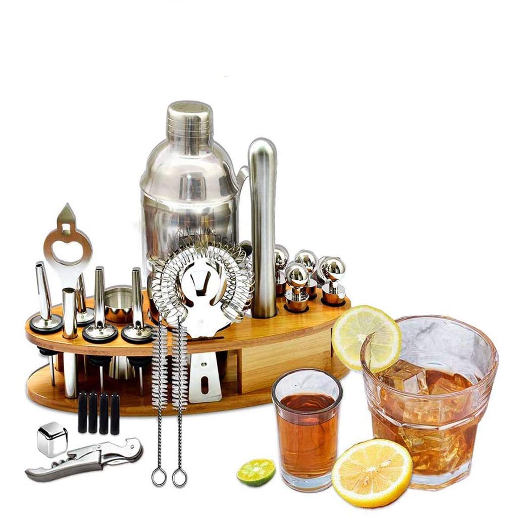 Cocktail Shaker Bar Set with Wooden Stand & Stainless Steel Tools