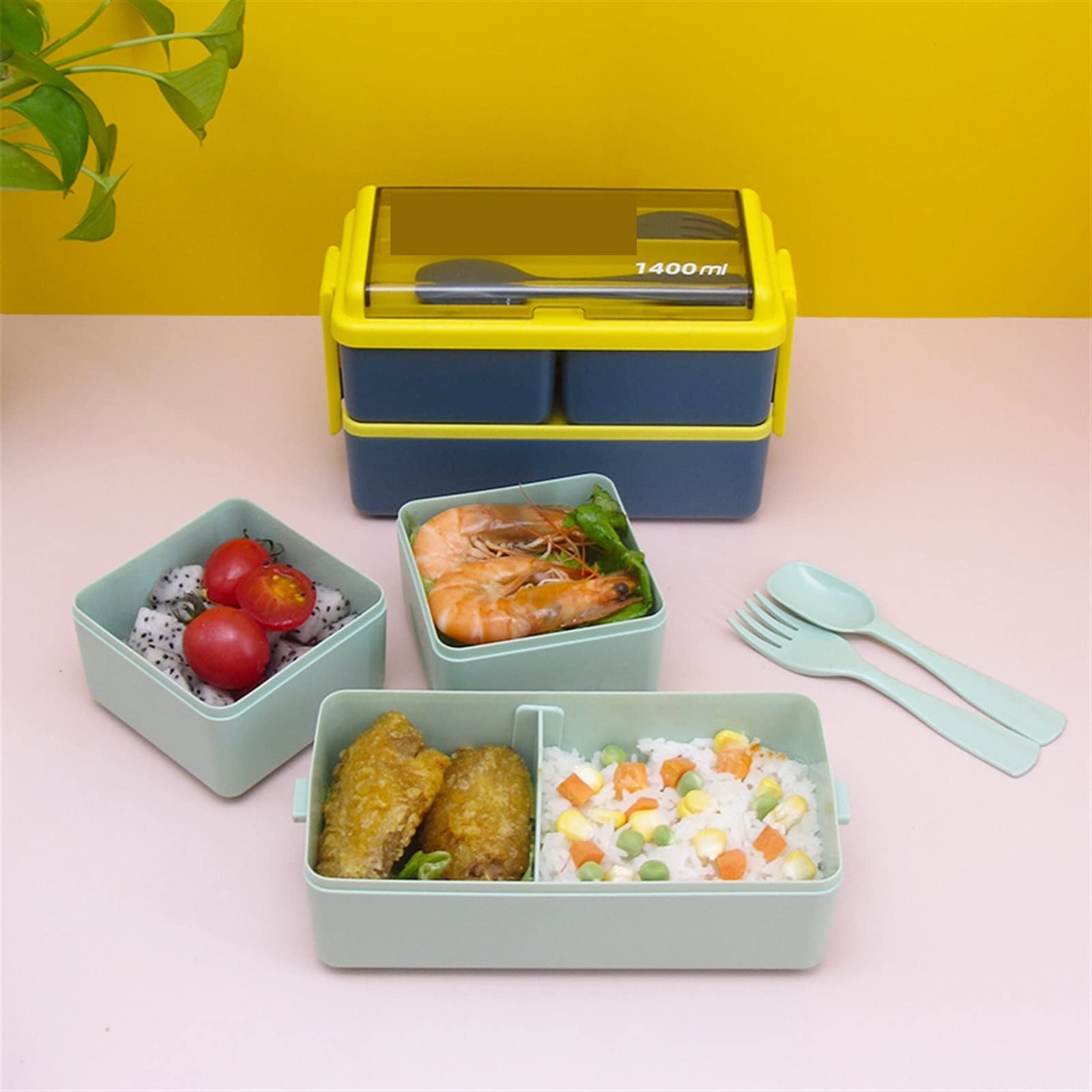 Portable 1/2-Tier Bento Lunch Box with Fork & Spoon – Pink