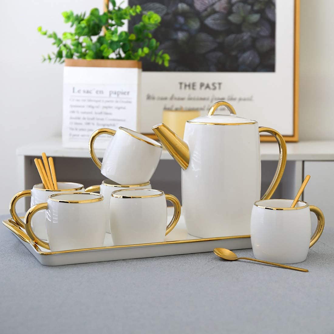 6-Piece Bone China Tea & Coffee Cup Set with Saucers and Spoons