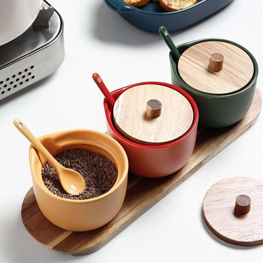 175ml Ceramic Seasoning Jar Set with Lids, Spoons & Tray