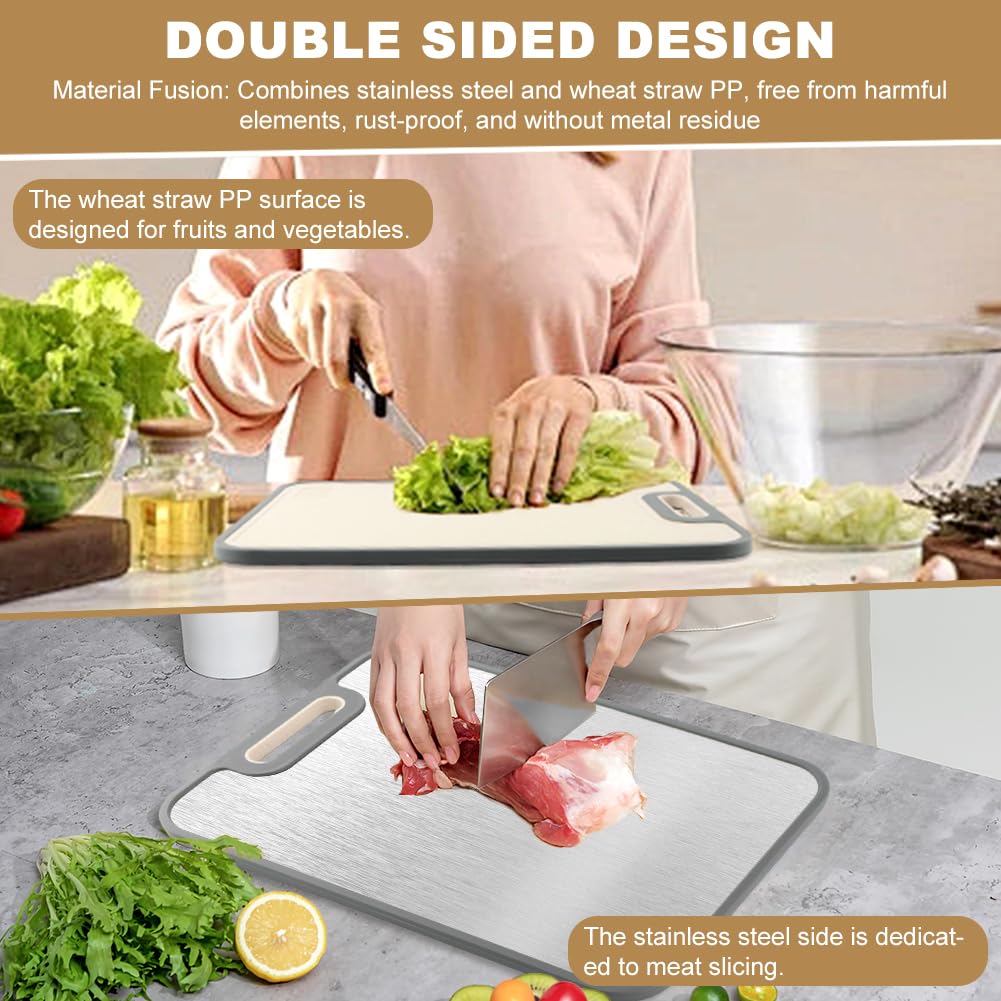 Double-Sided Stainless Steel & Wheat Straw Cutting Board with Juice Groove