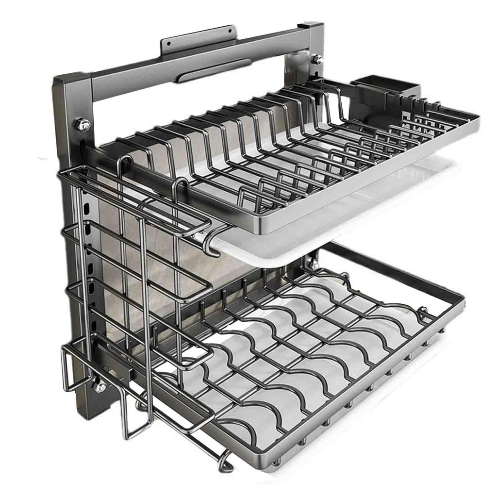 2-Tier Over-the-Sink Dish Drying Rack with Drip Tray & Cutlery Holder
