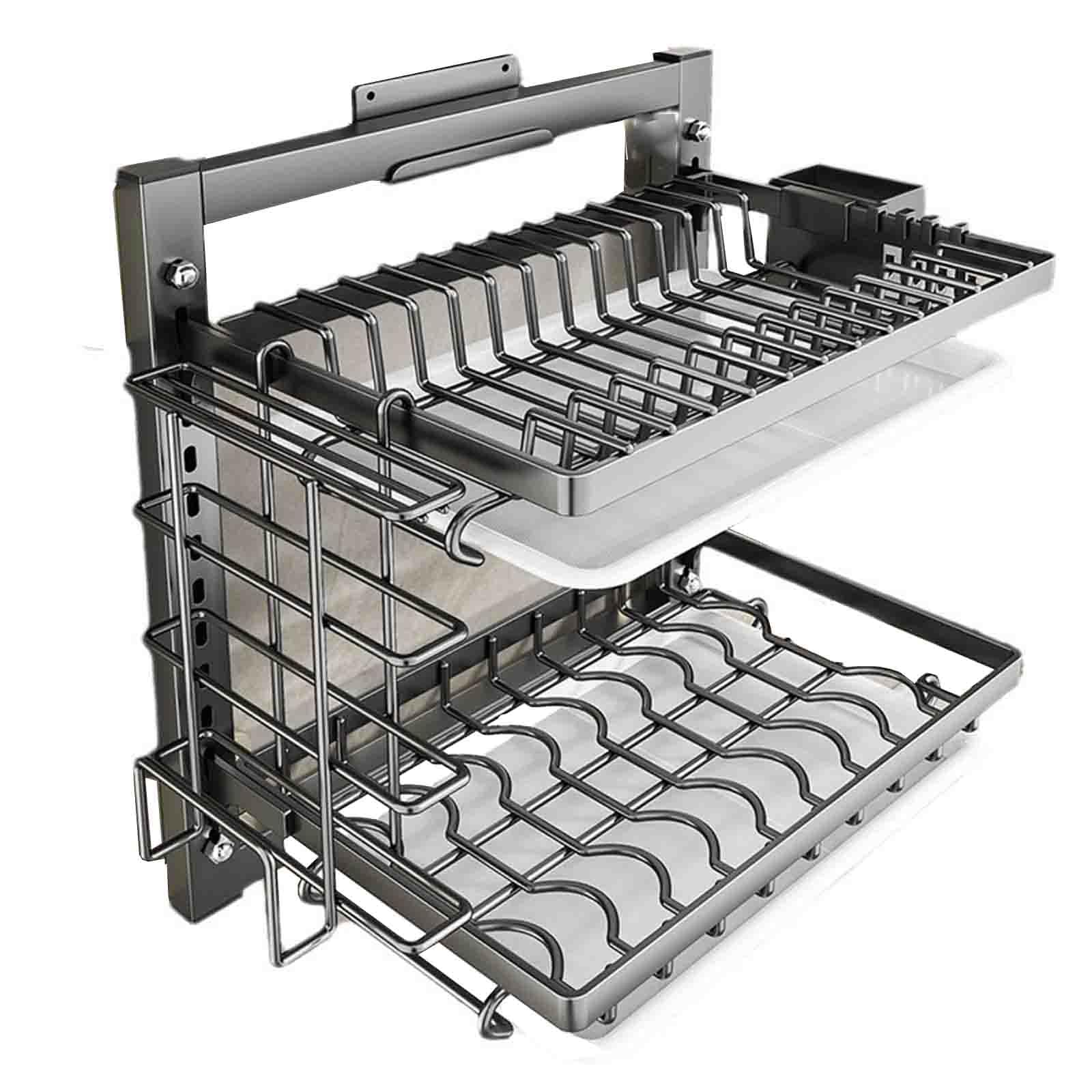 2-Tier Over-the-Sink Dish Drying Rack with Drip Tray & Cutlery Holder