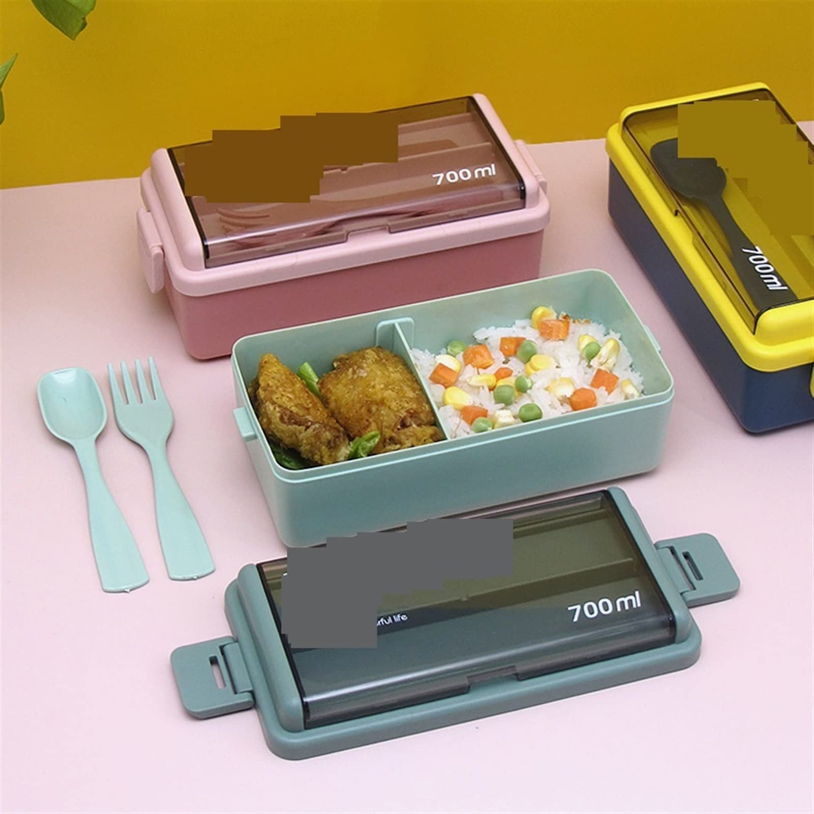 Portable 1/2-Tier Bento Lunch Box with Fork & Spoon – Pink