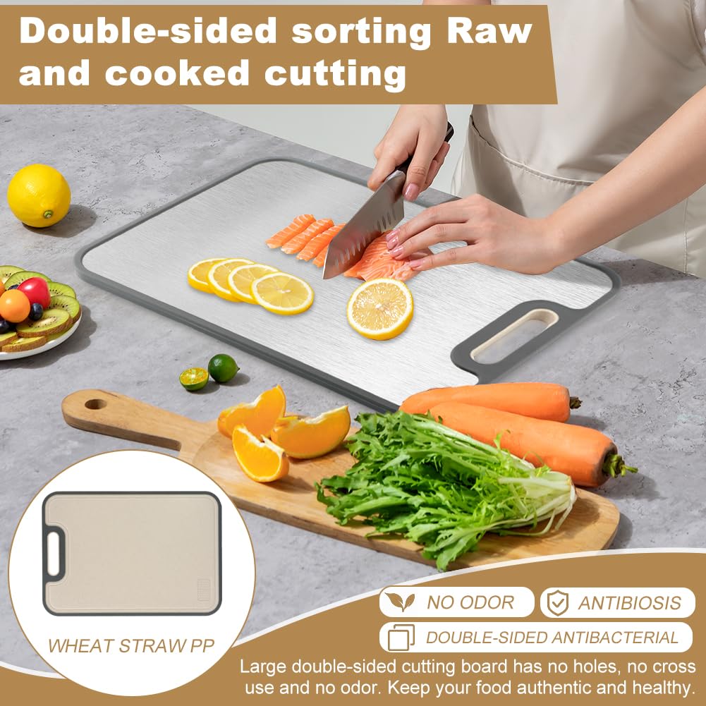 Double-Sided Stainless Steel & Wheat Straw Cutting Board with Juice Groove