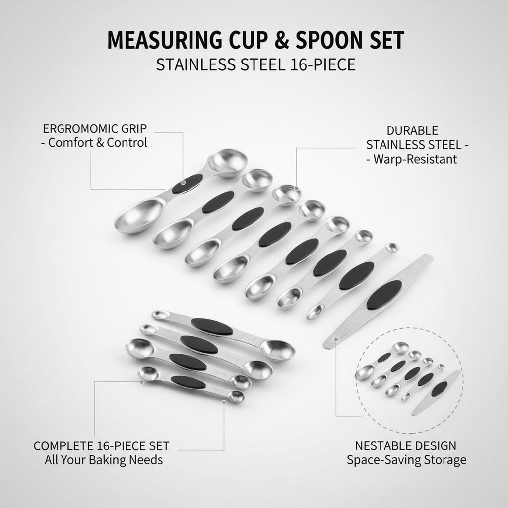 16-Piece Stainless Steel Measuring Cups & Spoons Set with Holder