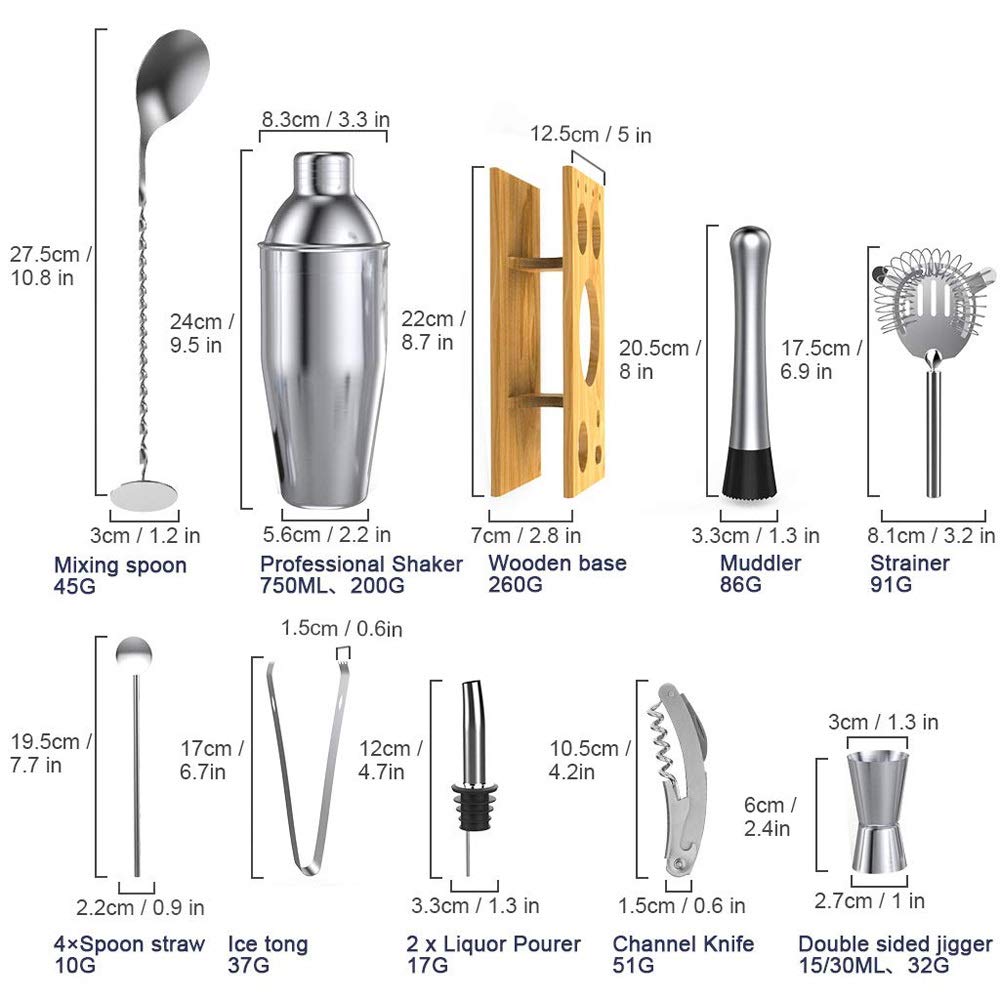 14-Piece Stainless Steel Cocktail Shaker Bartender Kit with Bar Tools