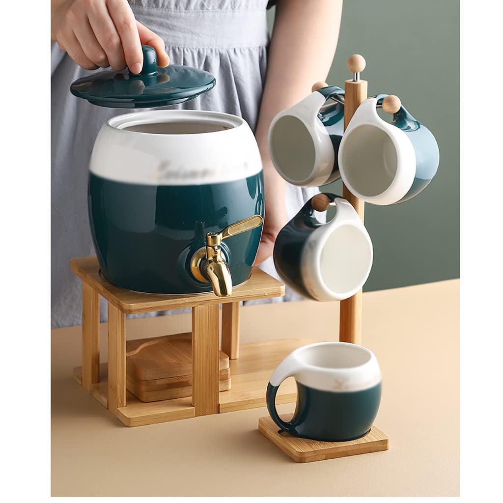 2.5L Ceramic Beverage Dispenser with Tap & Wooden Cup Holder Set