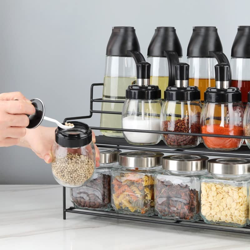 Glass Seasoning Jar Set with Spice Rack for Salt, Sugar & Pepper