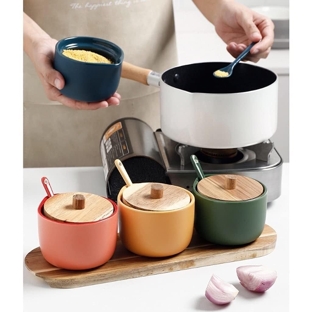 175ml Ceramic Seasoning Jar Set with Lids, Spoons & Tray