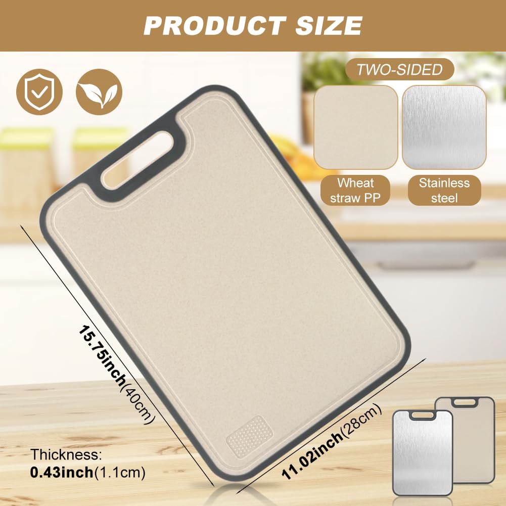 Double-Sided Stainless Steel & Wheat Straw Cutting Board with Juice Groove