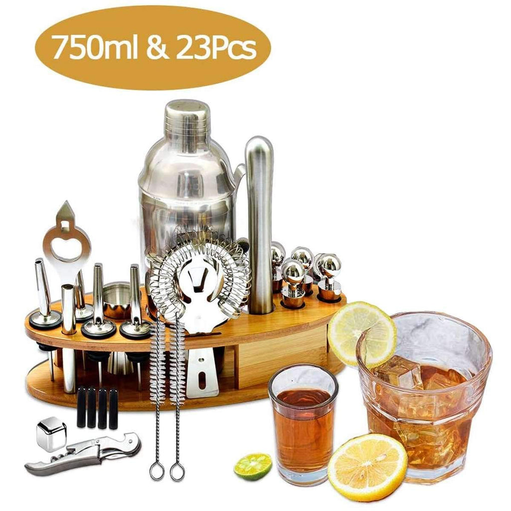 Cocktail Shaker Bar Set with Wooden Stand & Stainless Steel Tools