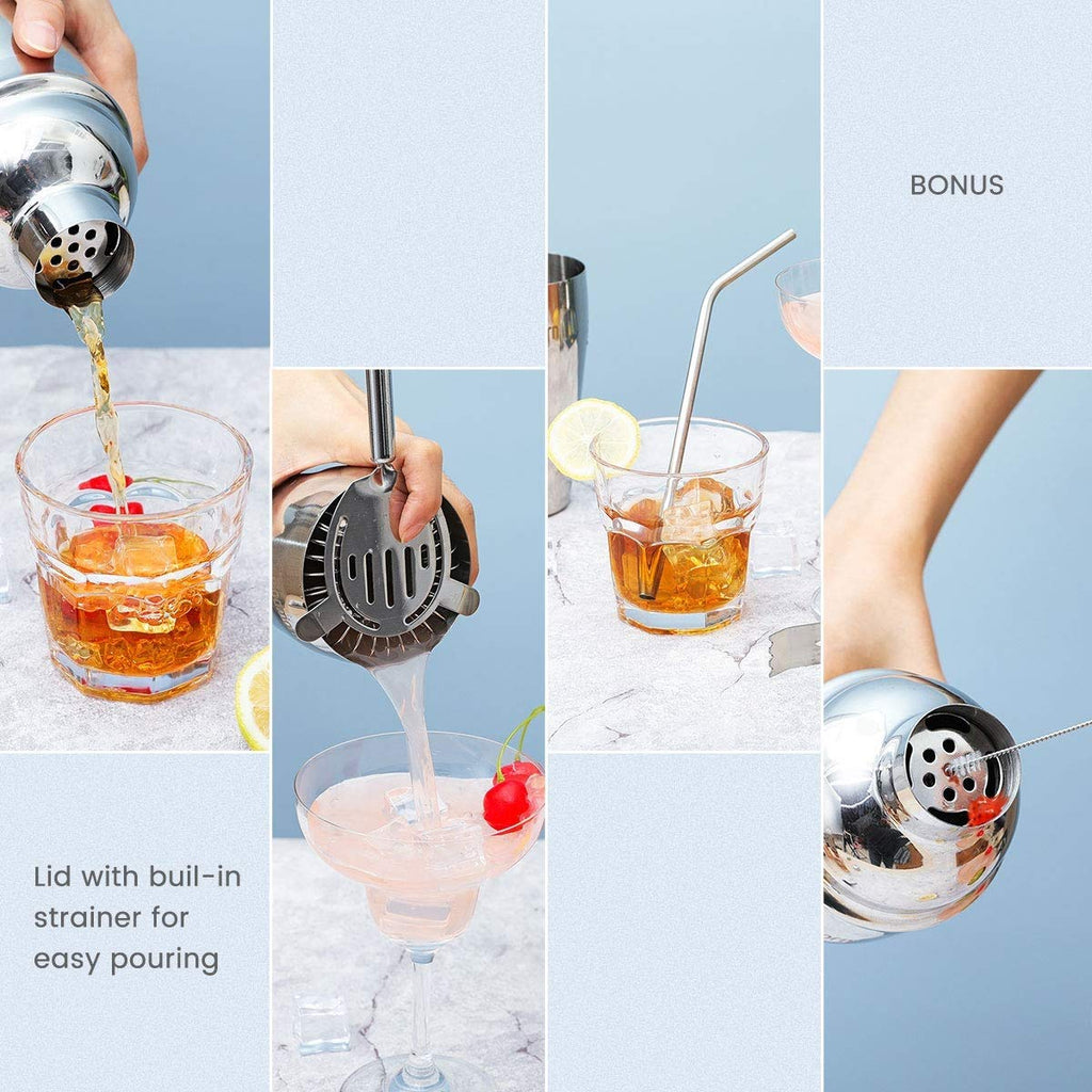 Cocktail Shaker Bar Set with Wooden Stand & Stainless Steel Tools