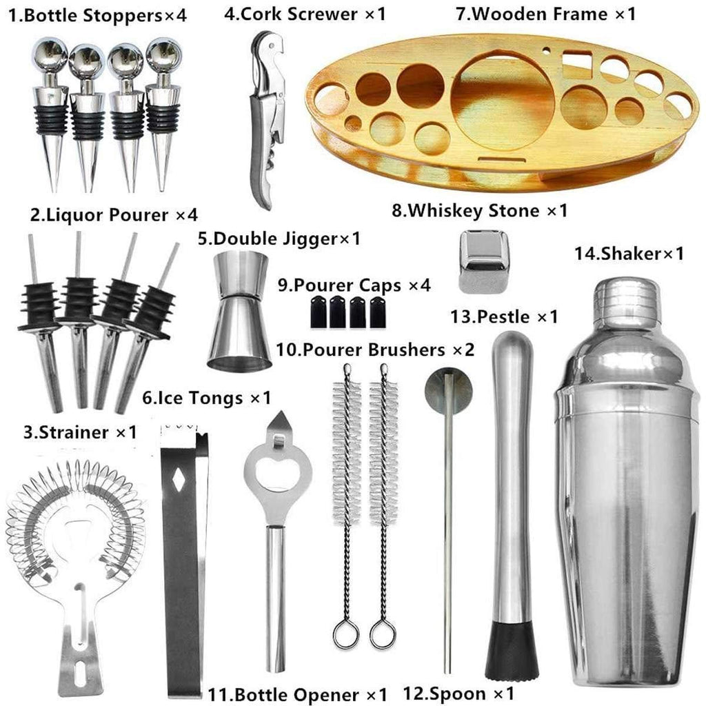 Cocktail Shaker Bar Set with Wooden Stand & Stainless Steel Tools