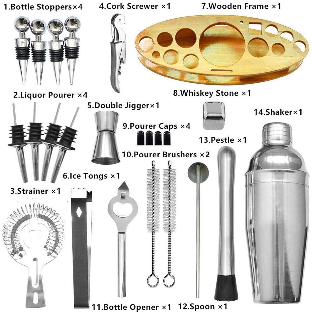 Cocktail Shaker Bar Set with Wooden Stand & Stainless Steel Tools