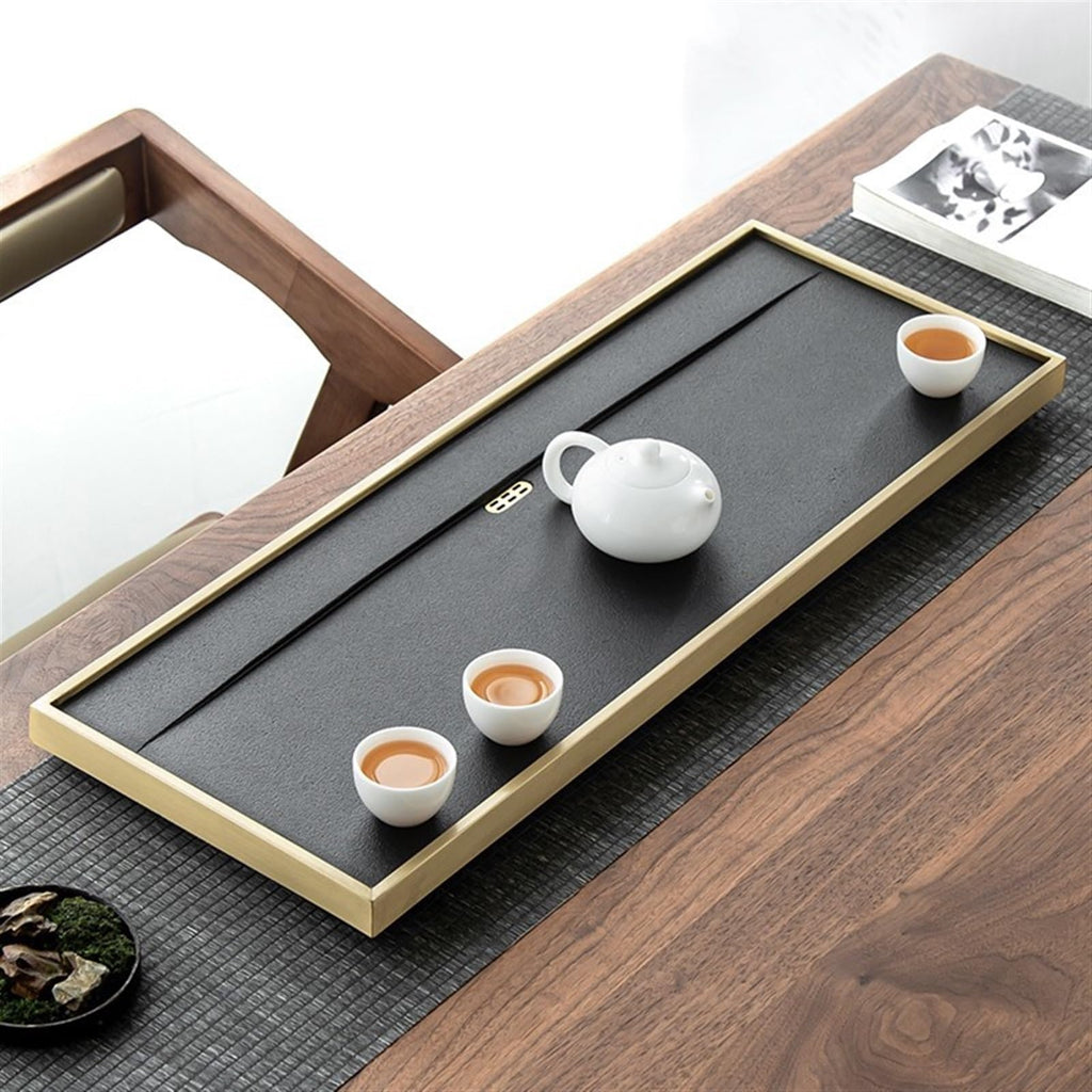 Brass-Rimmed Kung Fu Tea Tray with Drainage Design for Tea Ceremony