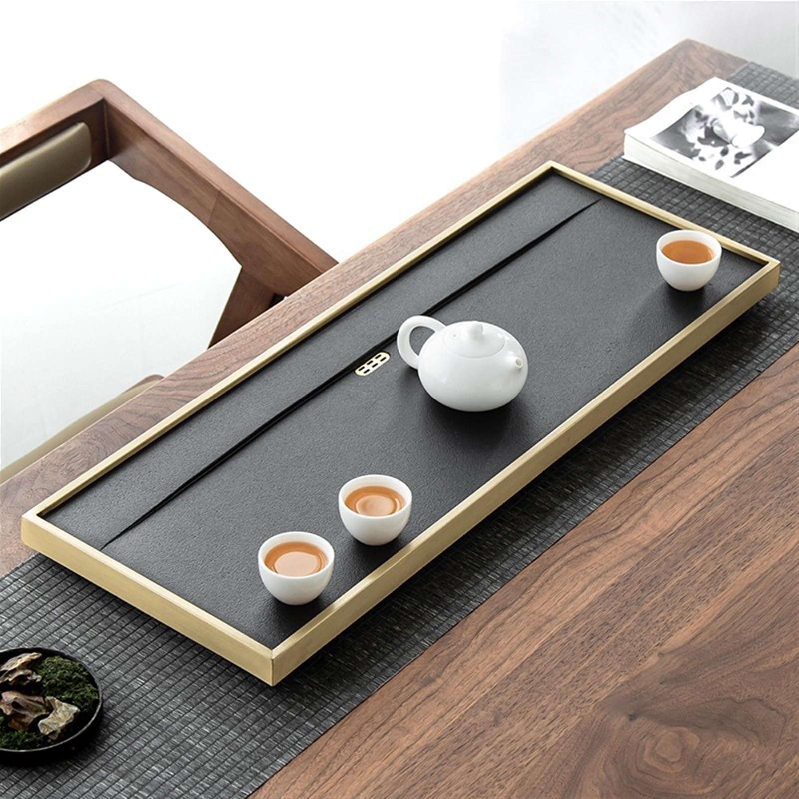 Brass-Rimmed Kung Fu Tea Tray with Drainage Design for Tea Ceremony
