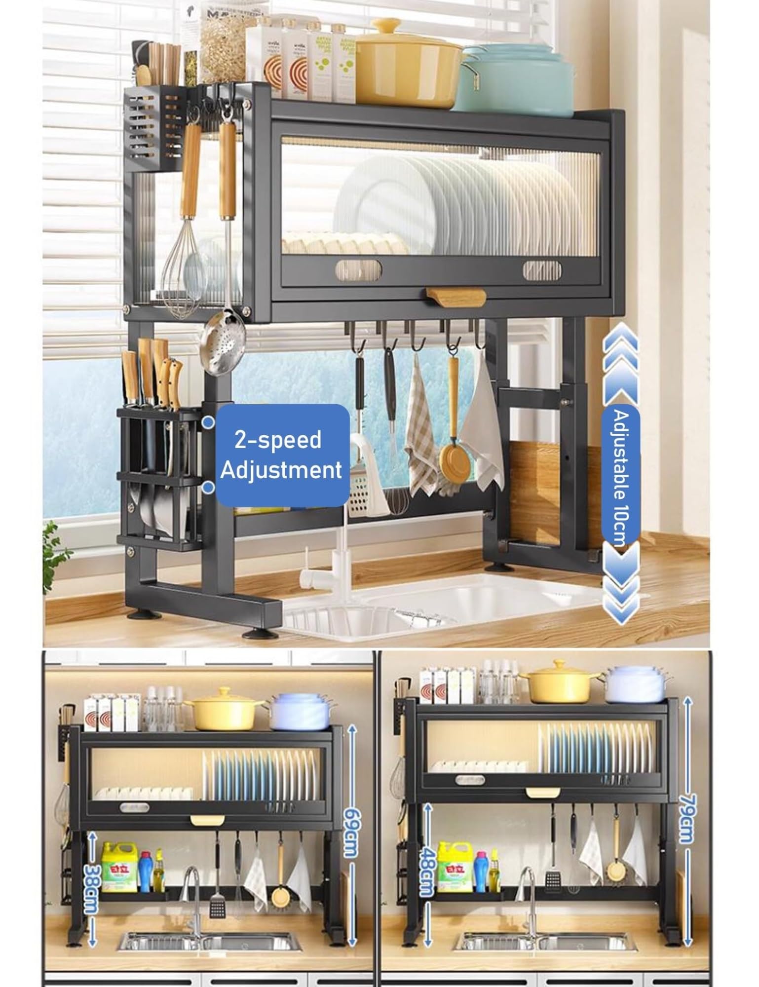 Adjustable 3-Tier Stainless Steel Over-the-Sink Dish Drying Rack