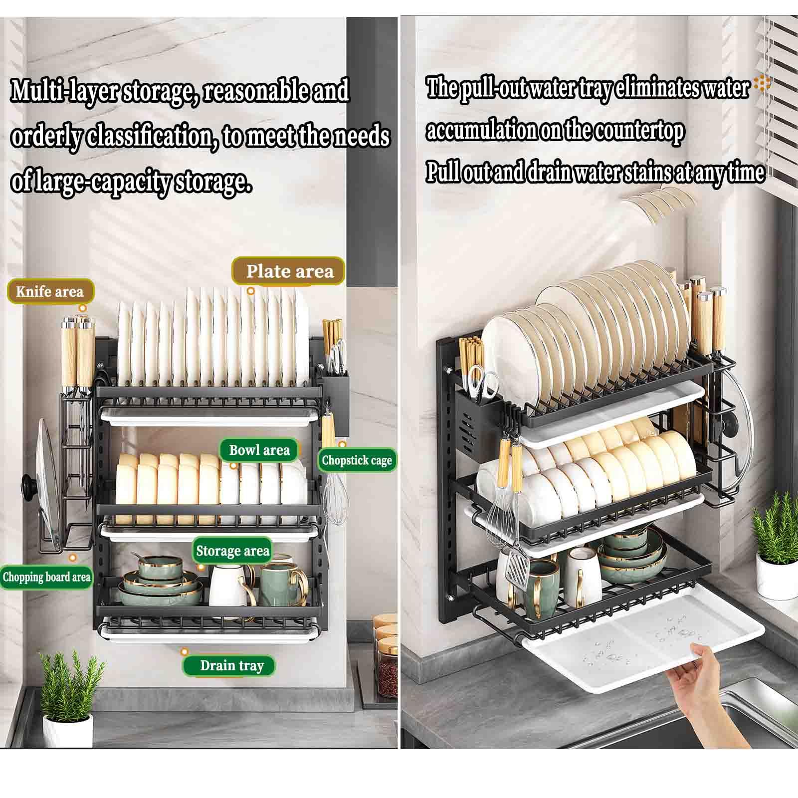 2-Tier Over-the-Sink Dish Drying Rack with Drip Tray & Cutlery Holder