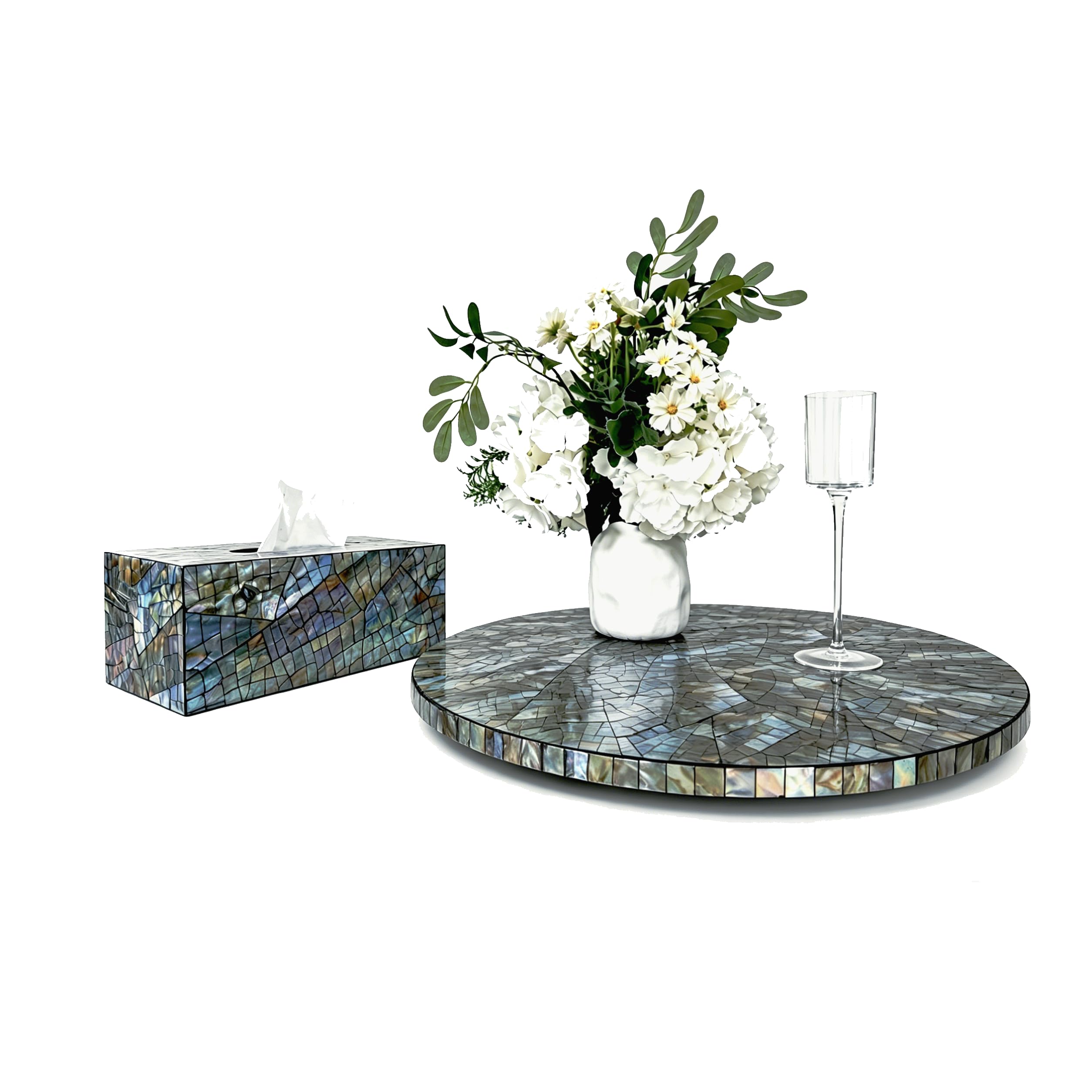 2-Piece Black Mother-of-Pearl Lazy Susan & Tissue Box Cover Set