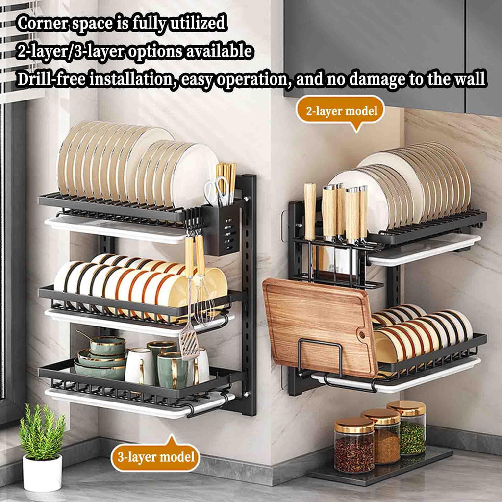 2-Tier Over-the-Sink Dish Drying Rack with Drip Tray & Cutlery Holder