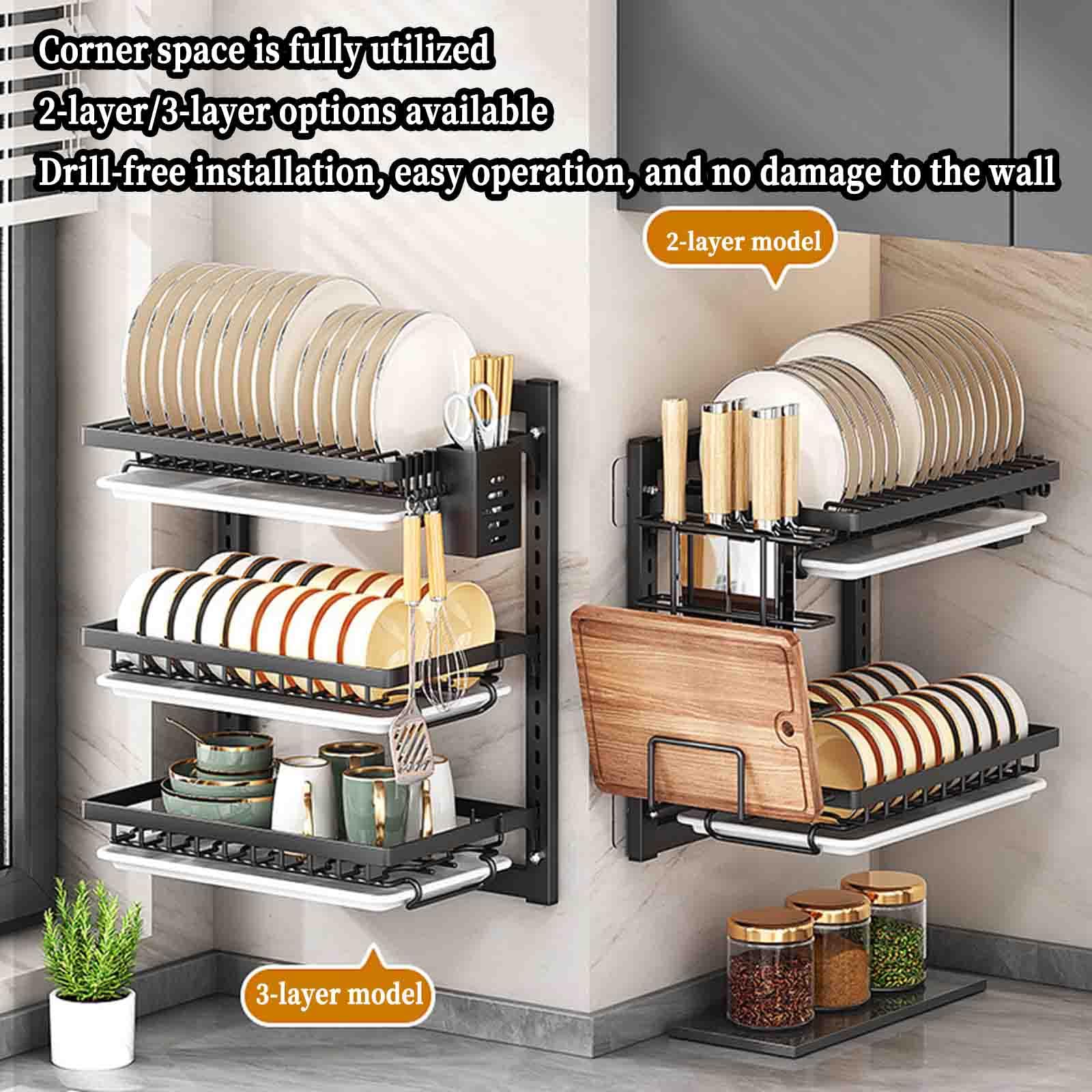 2-Tier Over-the-Sink Dish Drying Rack with Drip Tray & Cutlery Holder