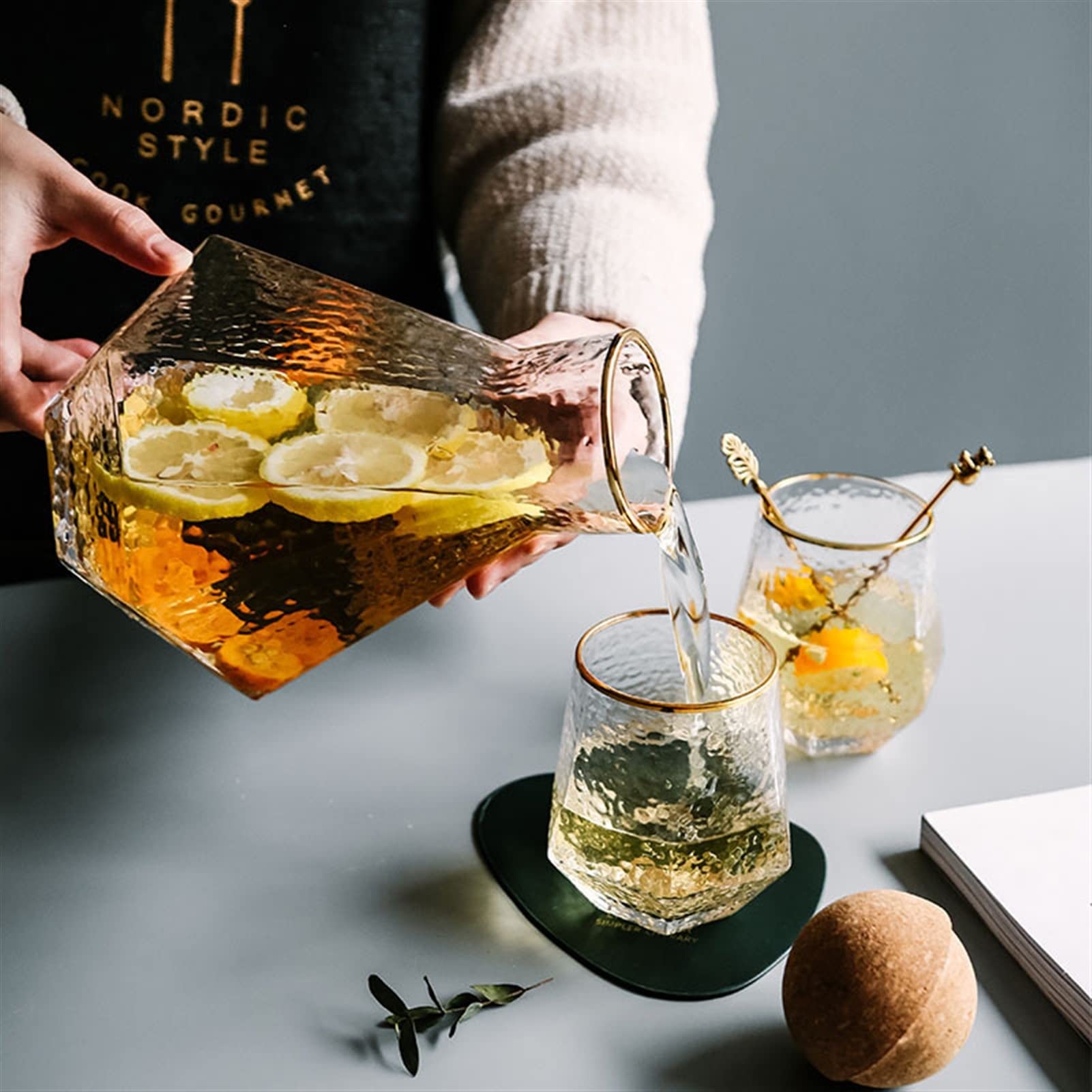 Geometric Glass Pitcher & Cup Set for Iced Tea and Juice