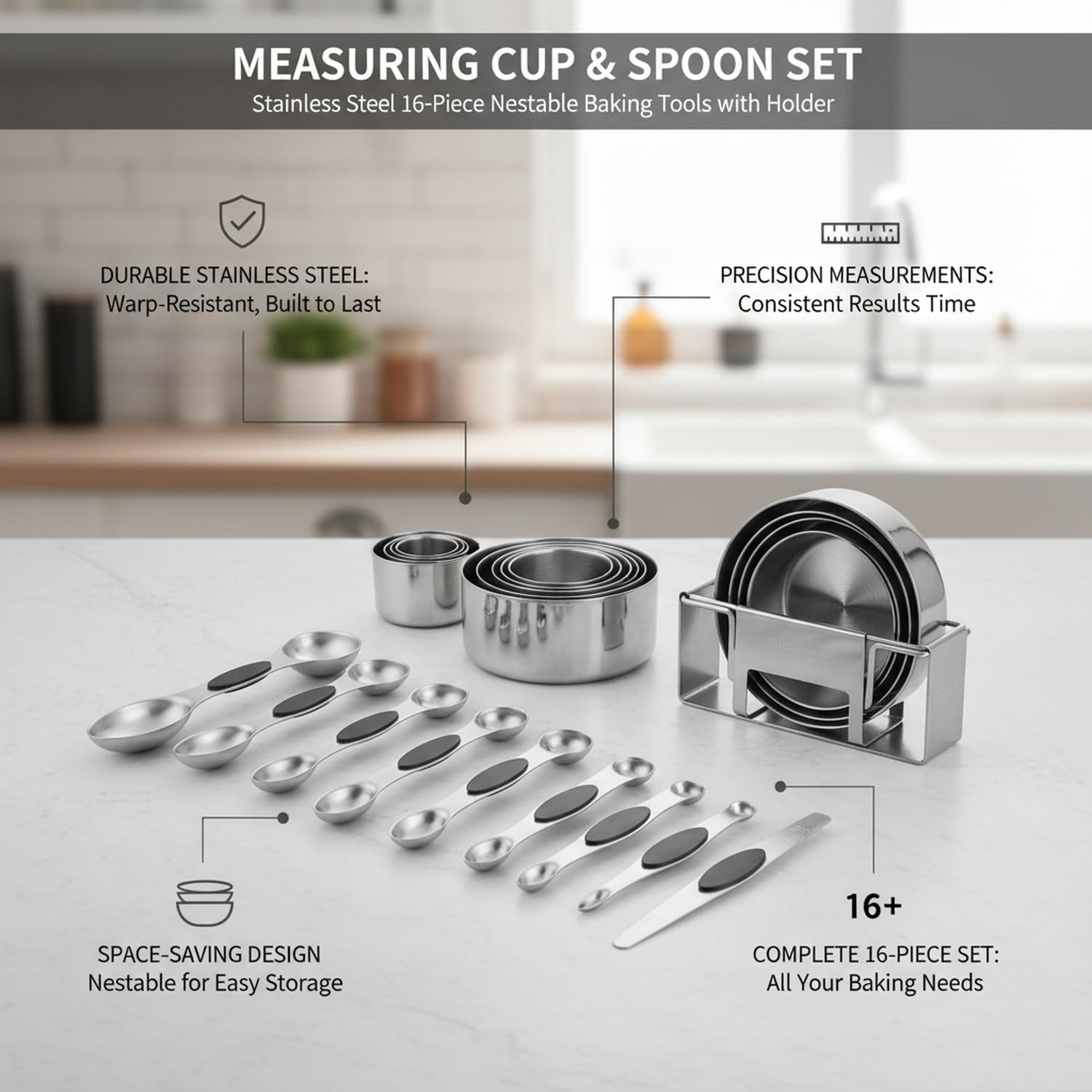 16-Piece Stainless Steel Measuring Cups & Spoons Set with Holder