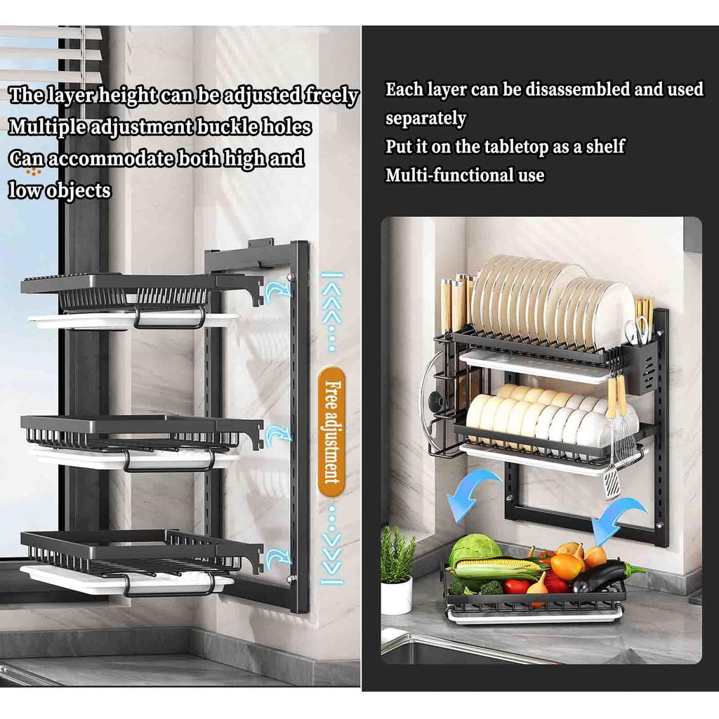 2-Tier Over-the-Sink Dish Drying Rack with Drip Tray & Cutlery Holder