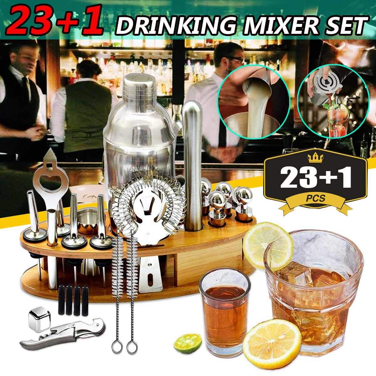 Cocktail Shaker Bar Set with Wooden Stand & Stainless Steel Tools