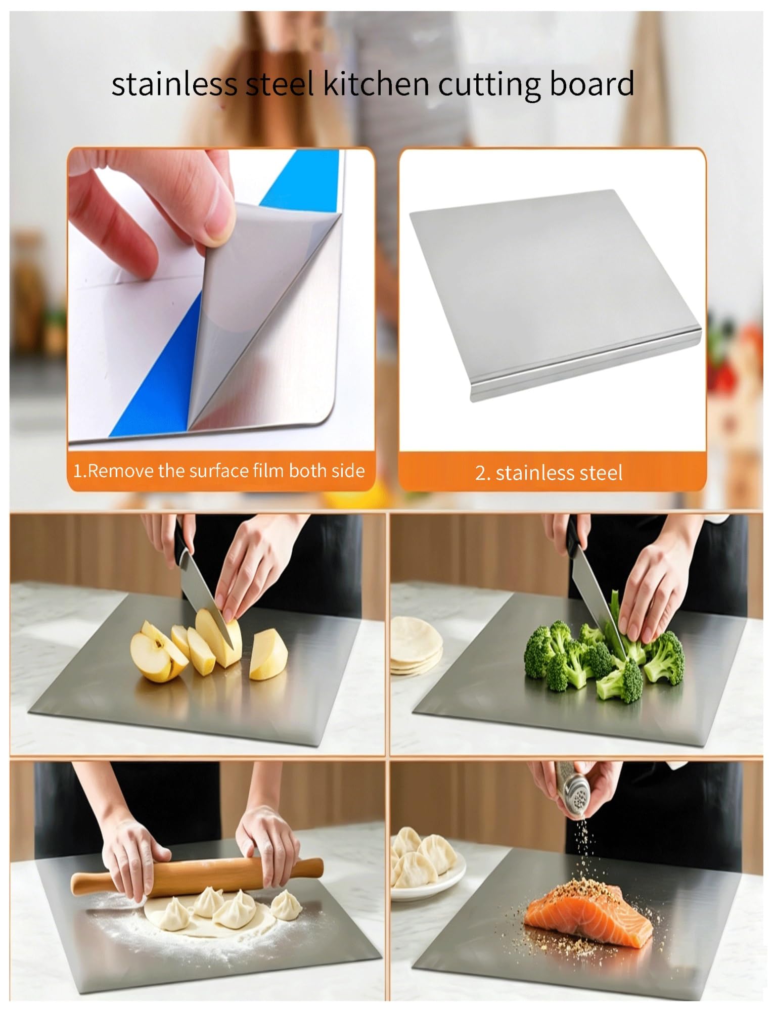 Extra-Large Stainless Steel Cutting Board with Raised Edge – 50 × 80 cm