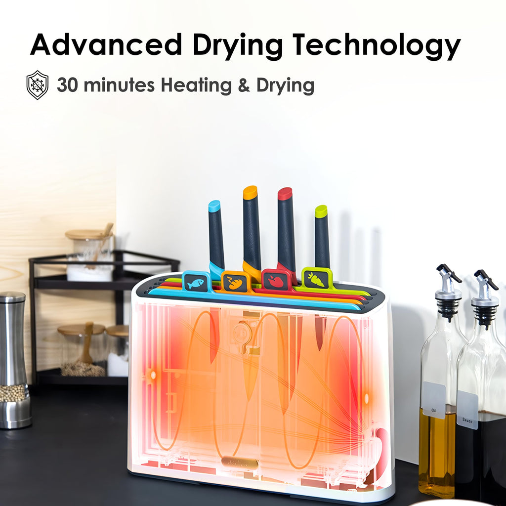 Smart Self-Drying Cutting Board & Stainless Steel Knife Set with Auto-Cleaning Organizer