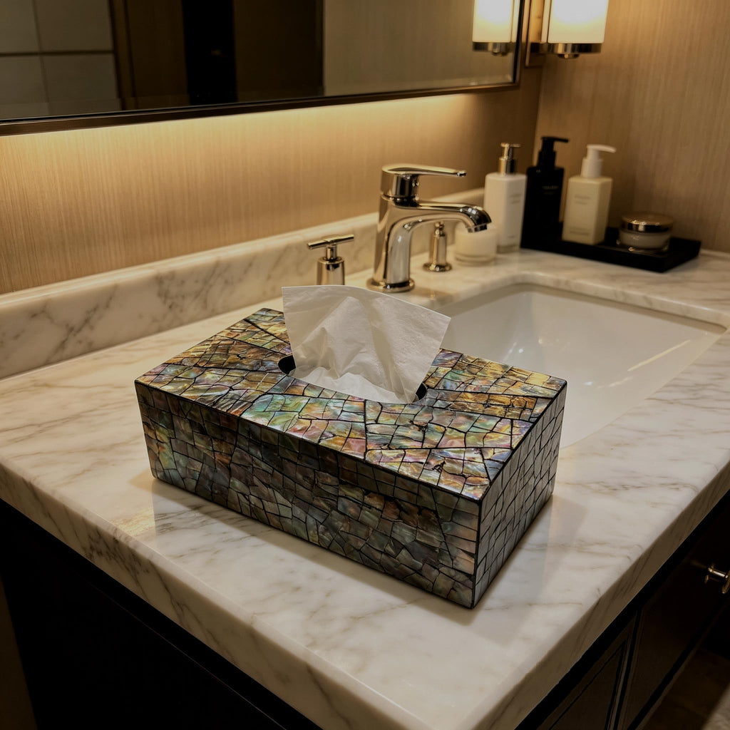 2-Piece Black Mother-of-Pearl Lazy Susan & Tissue Box Cover Set