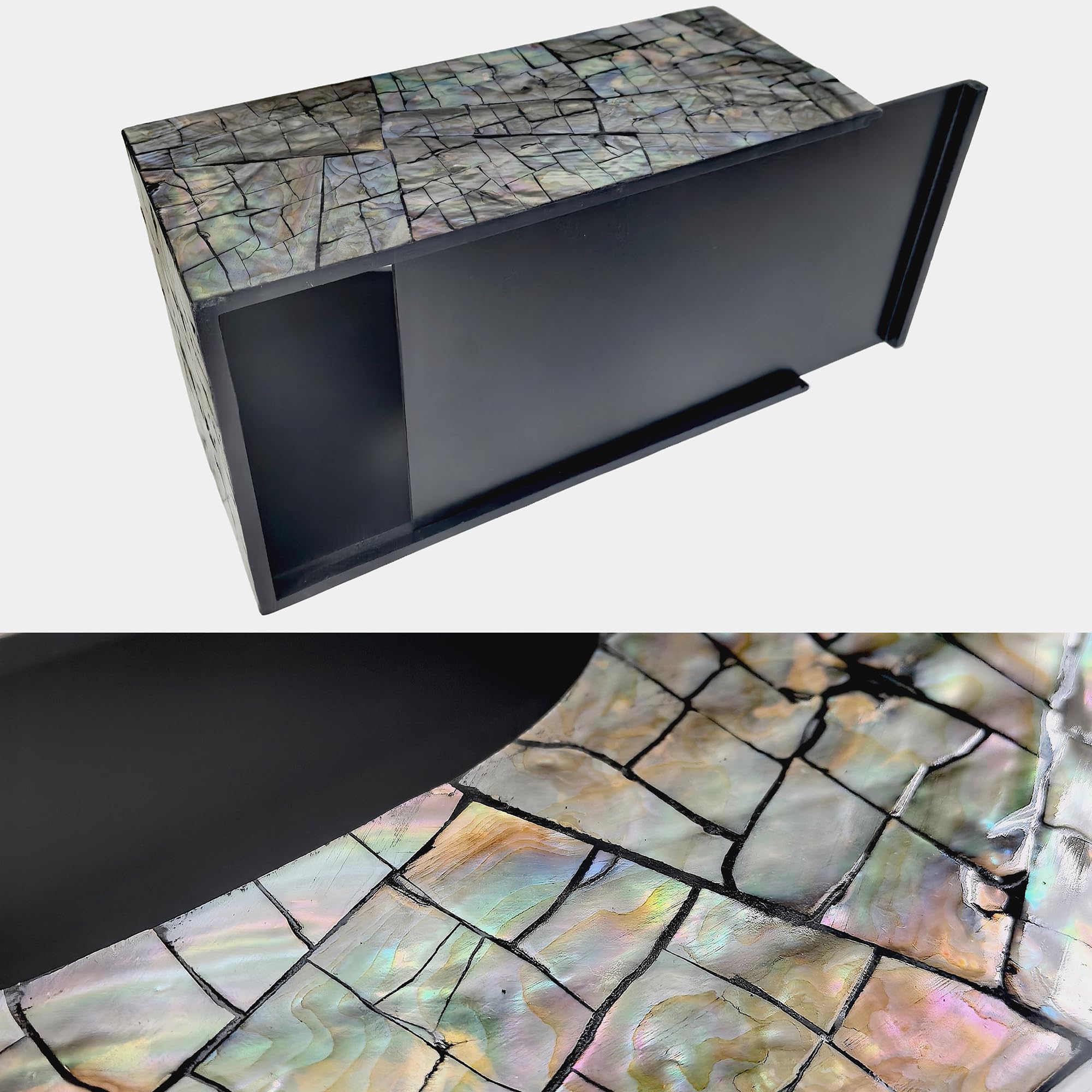 2-Piece Black Mother-of-Pearl Lazy Susan & Tissue Box Cover Set