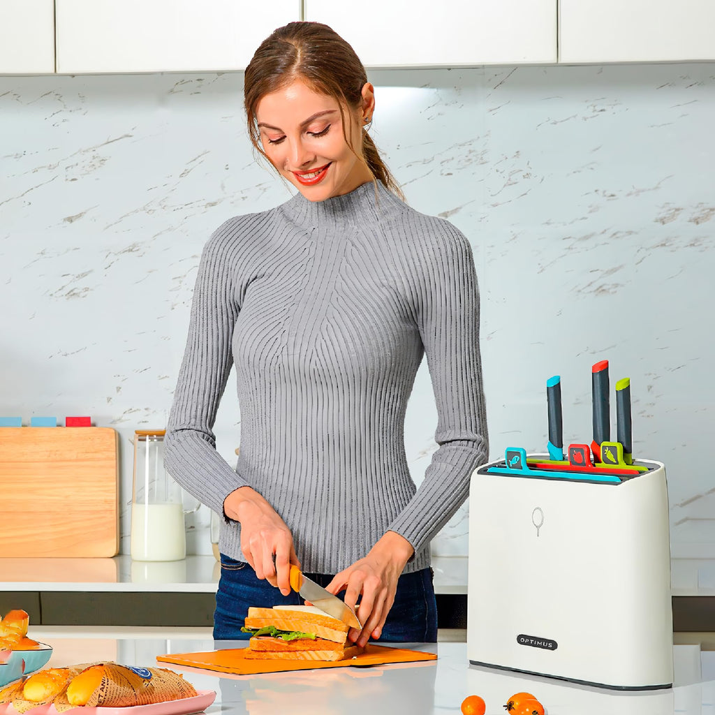 Smart Self-Drying Cutting Board & Stainless Steel Knife Set with Auto-Cleaning Organizer